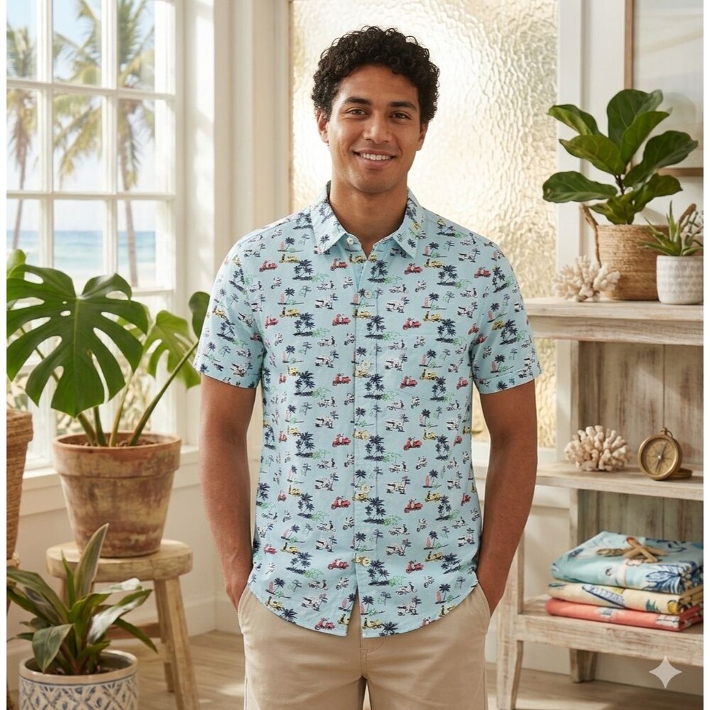 Cactus Man Men’s L Slim Fit Button Up Palm Tree Scooter All Over Print Shirt